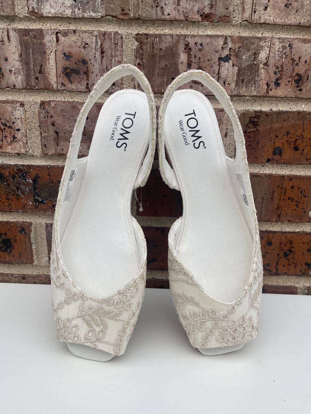 TOMS Briella Slingback Ballet Flats Egret Botanical Eyelet Crochet Open Toe 7.5